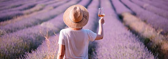 Frau mit Roséwein im Glas auf Lavendelfeld