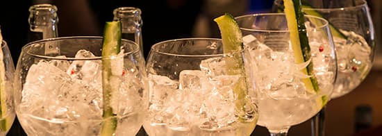 Vier Gläser mit Gin, Eis und Gurke