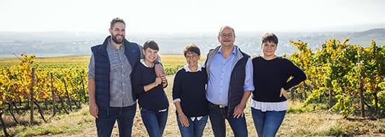 Zwei Männer und drei Frauen stehen vor Weinberg