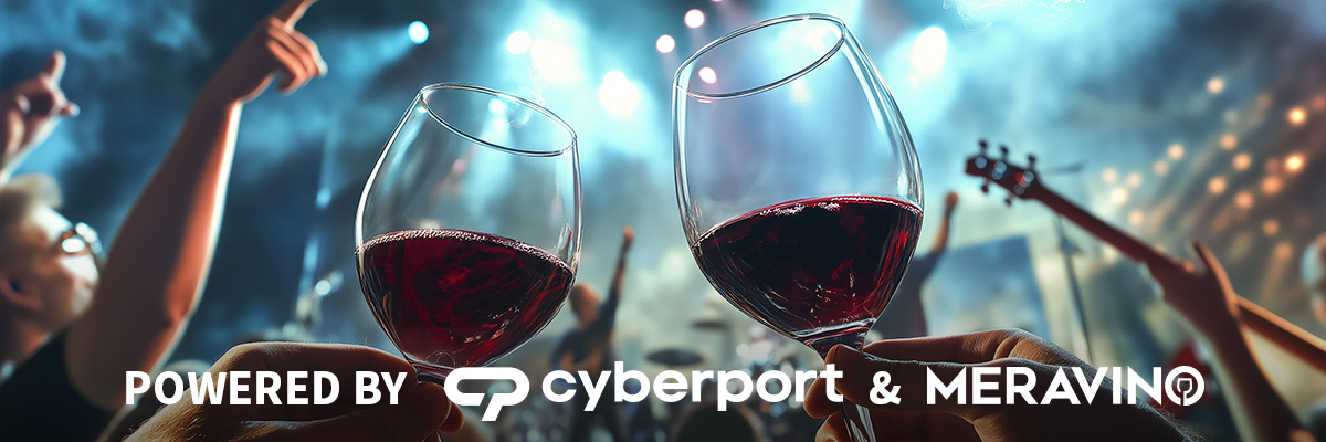 Zwei mit Rotwein gefüllte Weingläser mit Konzertlichtern, Rockband, Licht- und Rauchathmosphäre und feiernden Menschen im Hintergrund.