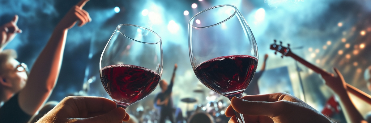 Feiernde Menschen im Dunkeln mit Lichtstrahlen und 2 mit Rotwein gefüllte Weingläser im Vordergrund