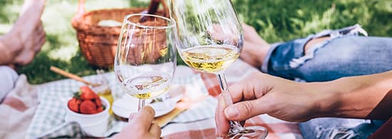 Pärchen auf Picknickdecke trinkt Weißwein