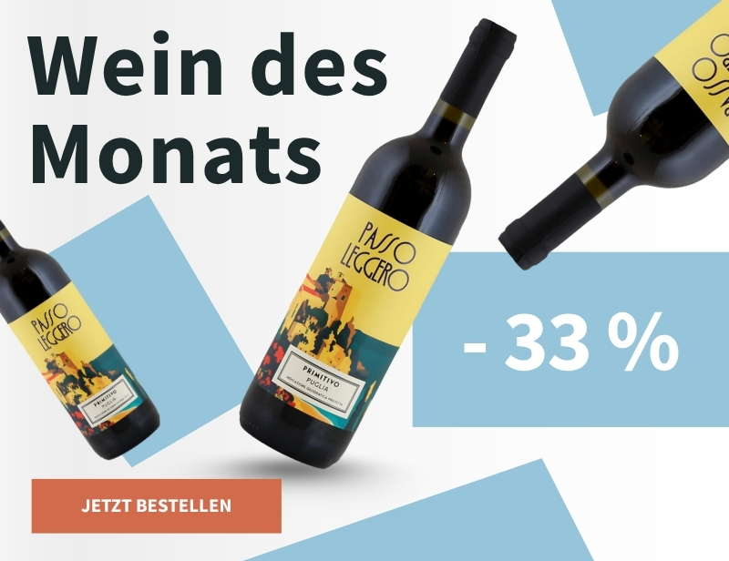 Meravino Weinaktion mit dem Slogan "Wein des Monats". Im Hintergrund blaue Flächen auf weißem Hintergrund mit Rotweinflaschen. Hinweis auf "33 % Rabatt". Unten Button "Jetzt entdecken".