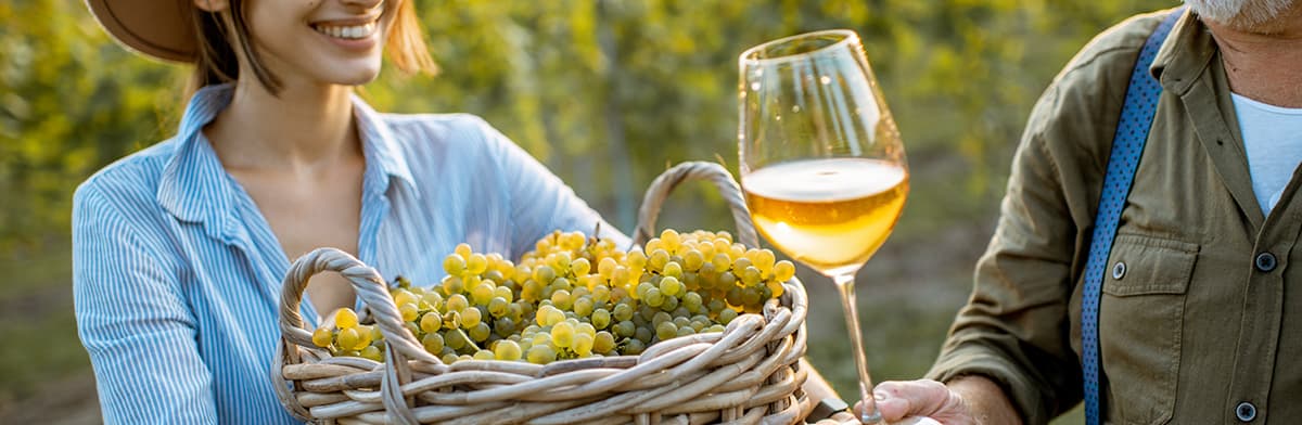 Frau trägt Korb mit grünen Trauben