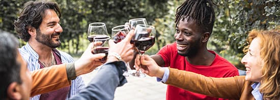 Vier Menschen stoßen mit Rotweingläsern an