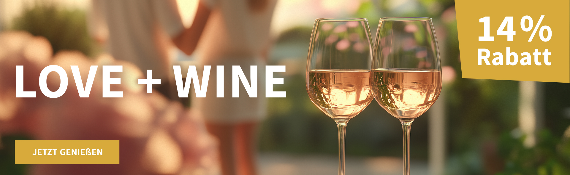 Meravino Weinaktion mit dem Slogan "Love + Wine". Im Hintergrund leicht verschwommen ein Pärchen in einem Garten, davor zwei Gläser Rosé auf einem Tisch. Hinweis auf "14 % Rabatt". Unten Button "Jetzt genießen".