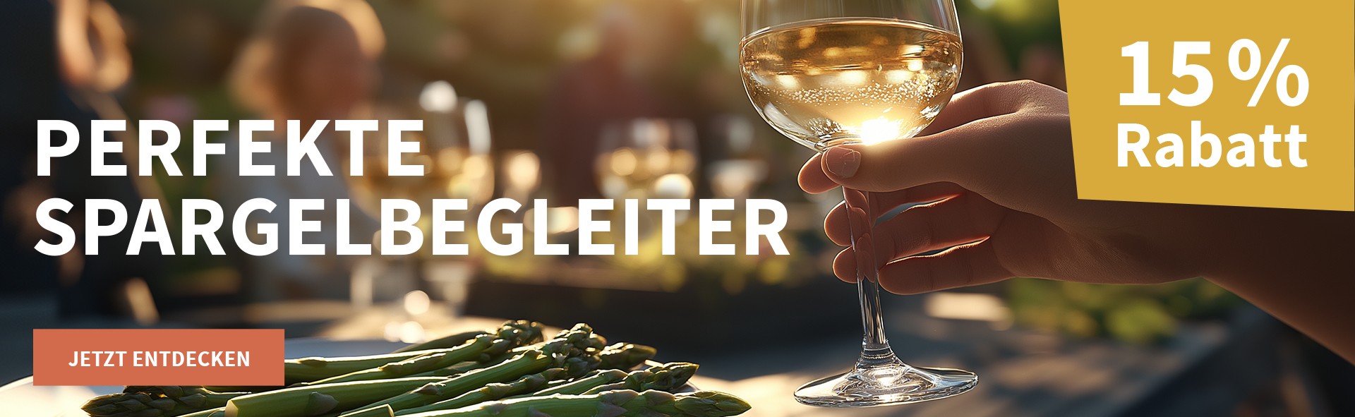 Meravino Weinaktion mit dem Slogan "Perfekte Spargelbegleiter". Im Hintergrund grüner Spargel und ein Glas Weißwein. Hinweis auf "15 % Rabatt". Unten Button "Jetzt entdecken".