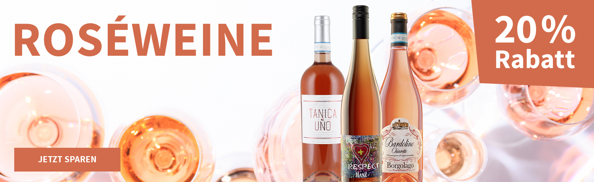Meravino Weinaktion mit dem Slogan "Roséweine". Im Hintergrund Weingläser mit Roséwein gefüllt auf weiß-rosafarbenem Untergrund. Hinweis auf "20 % Rabatt". Unten Button "Jetzt sparen". Rechts 3 Flaschen.