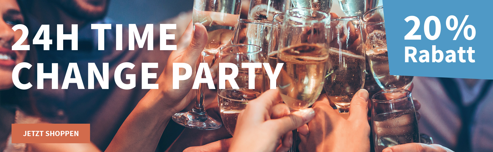 Meravino Weinaktion mit dem Slogan "24h Time Change Party". Im Hintergrund mehrere Sektgläser, mit denen angestoßen wird. Hinweis auf "20 % Rabatt". Unten Button "Jetzt shoppen".