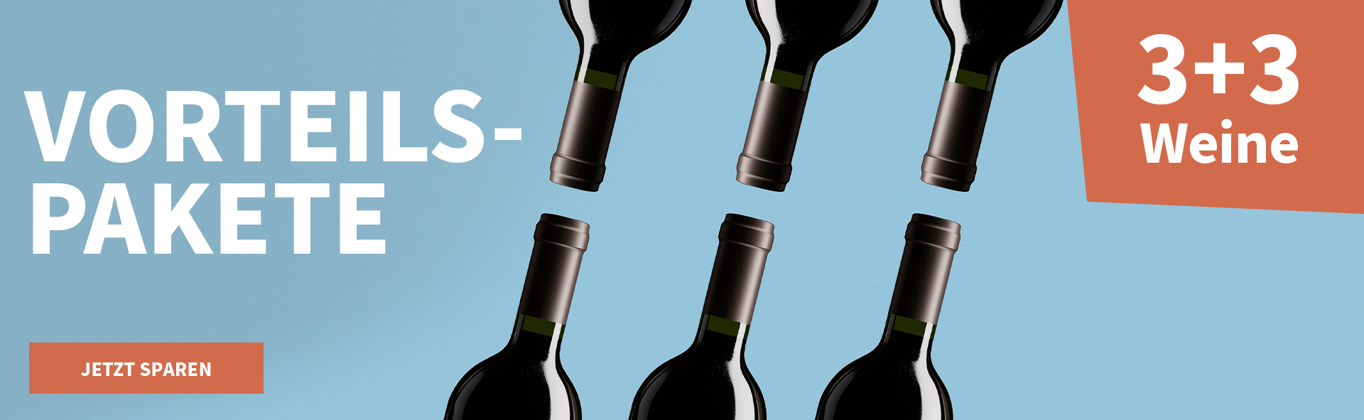 Meravino Weinaktion mit dem Slogan "Vorteilspakete". Hellblauer Hintergrund, davor mittig sechs Flaschenhälse von dunkelgrünen Weinflaschen. Hinweis auf "3+3 Weine". Unten Button "Jetzt sparen".