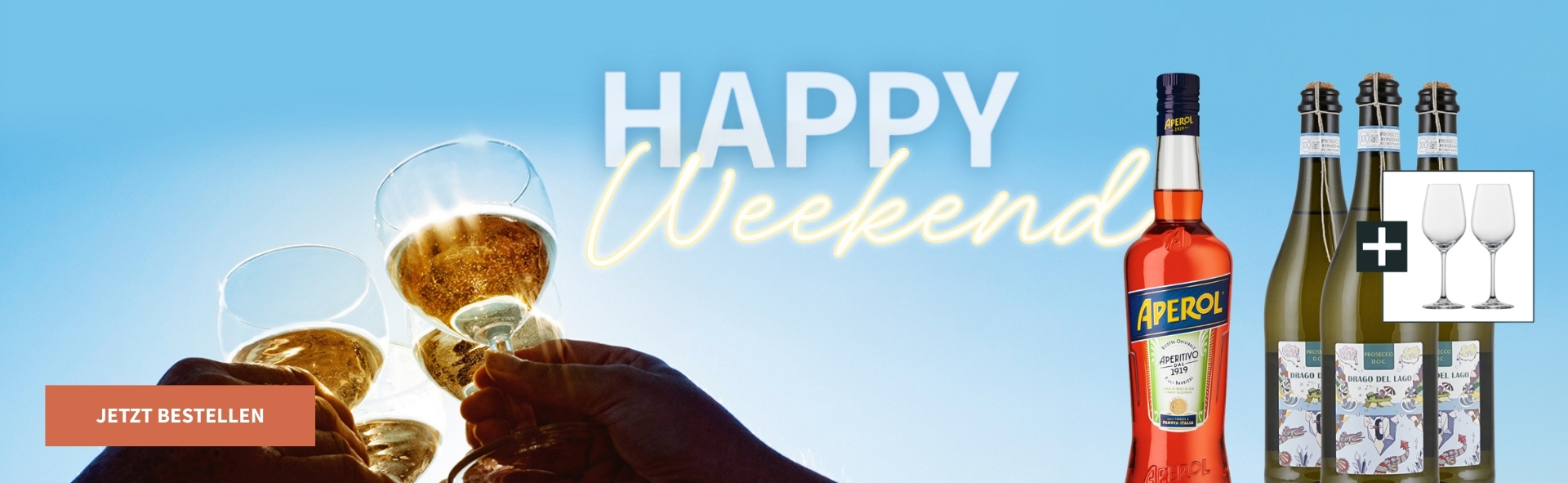 Meravino Weinaktion mit dem Slogan "Happy Weekend". Im Hintergrund zwei Gläser Roséwein und rosafarbene Lichtreflexionen. Unten Button "Jetzt bestellen". Rechts 2 Flaschen und 2 Gläser mit blauem Hintergrund.