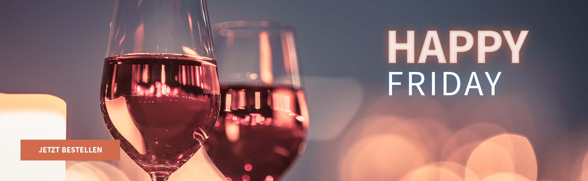 Meravino Weinaktion mit dem Slogan "Happy Friday". Im Hintergrund zwei Gläser Roséwein und rosafarbene Lichtreflexionen. Unten Button "Jetzt bestellen". | KI-generiert