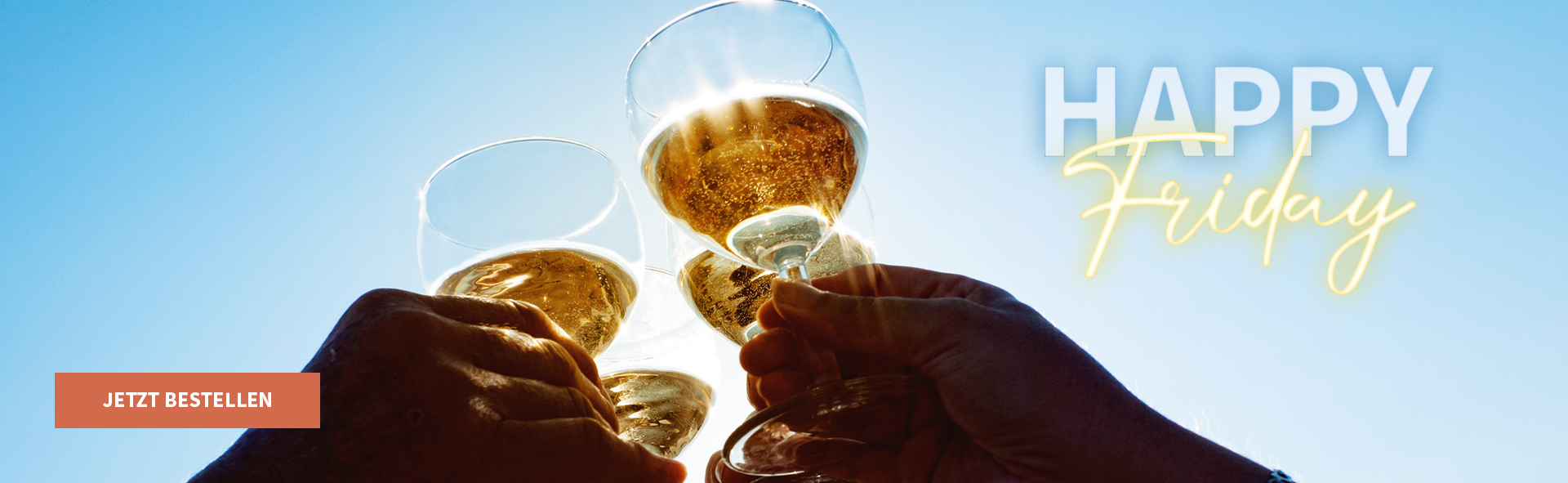 Meravino Weinaktion mit dem Slogan "Happy Friday". Im Hintergrund zwei Gläser Roséwein und rosafarbene Lichtreflexionen. Unten Button "Jetzt bestellen".