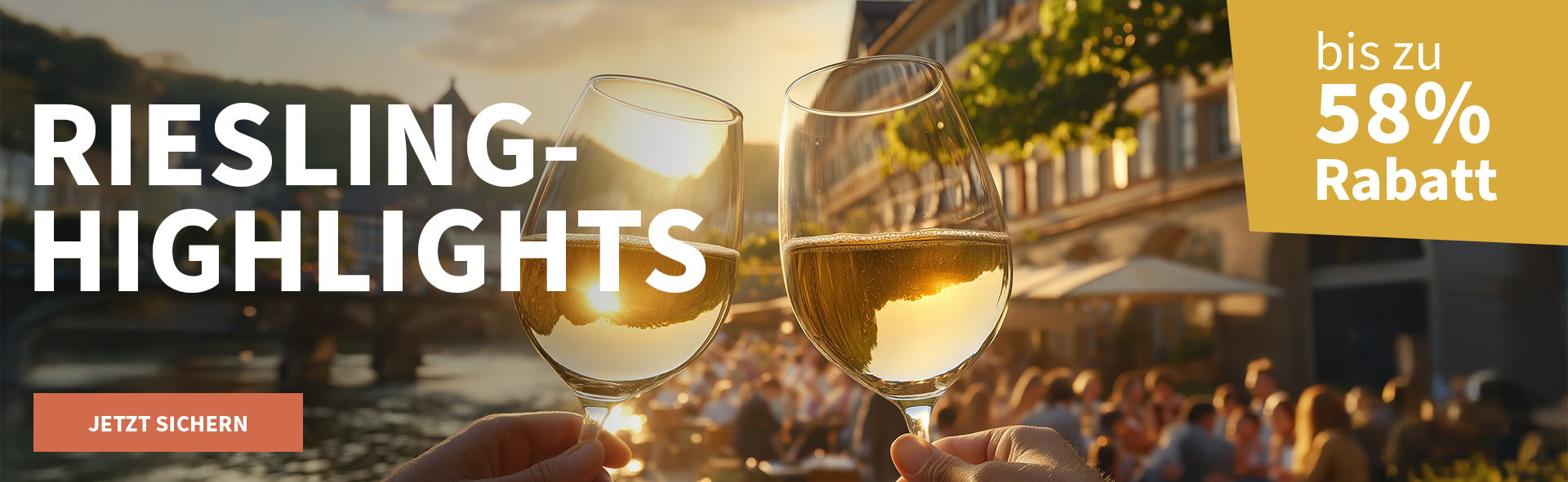 Meravino Weinaktion mit dem Slogan "Riesling-Highlights". Im Hintergrund eine Promenade mit Sonnenuntergang, davor zwei Gläser Weißwein, mit denen angestoßen wird. Hinweis auf "Bis zu 58 % Rabatt". Unten Button "Jetzt sichern".