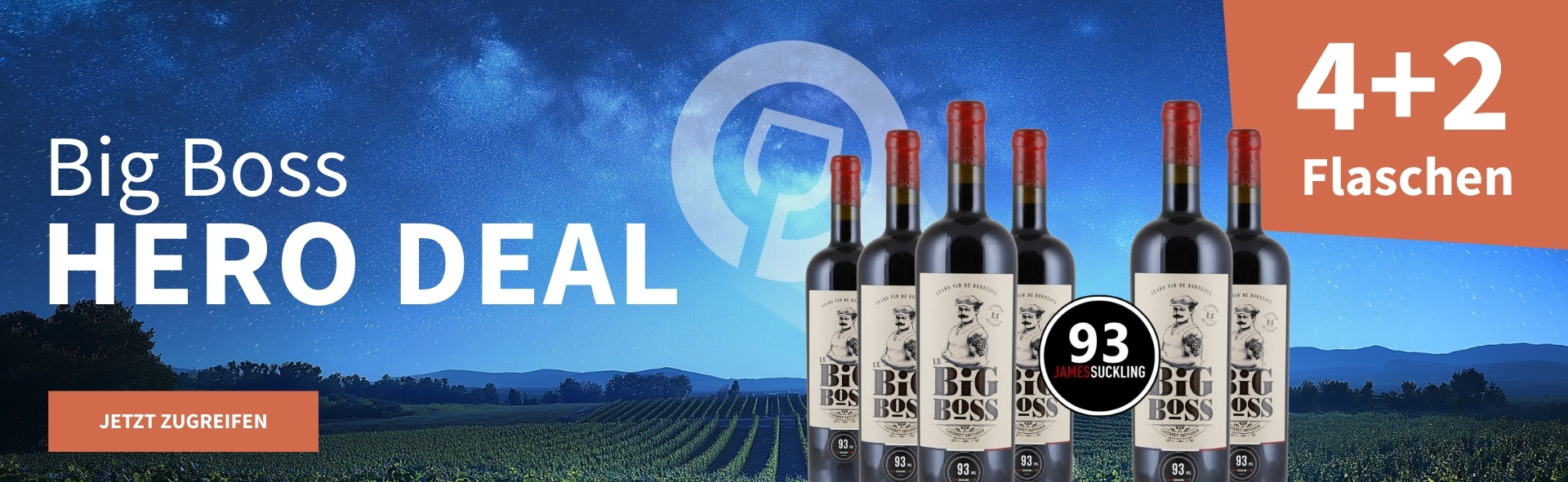 Meravino Weinaktion mit dem Slogan "Big Boss Hero Deal". Nachthimmel mit Meravino-Logo und Weinreben im Hintergrund. Hinweis auf "4+2 Flaschen". Unten Button "Jetzt zugreifen". Rechts 6 Flaschen.