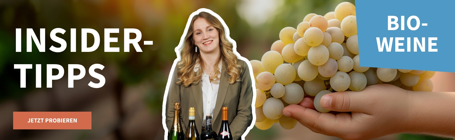 Meravino Weinaktion mit dem Slogan "Insider-Tipps". Im Hintergrund ein Bund Trauben, das in einer Hand gehalten wird. In der Mitte ein Bild von Wein-Insiderin Lea. Hinweis auf "Bio-Weine". Unten Button "Jetzt probieren".