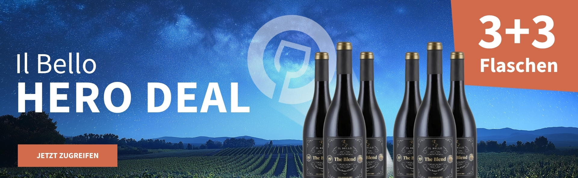 Meravino Weinaktion mit dem Slogan "Il Bello Hero Deal". Nachthimmel mit Meravino-Logo und Weinreben im Hintergrund. Hinweis auf "3+3 Flaschen". Unten Button "Jetzt zugreifen". Rechts 6 Flaschen.