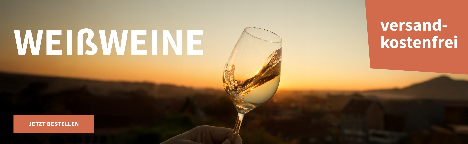 Meravino Weinaktion mit dem Slogan "Weißweine". Idyllische Landschaft mit Sonnenuntergang im Hintergrund, mittig ein Glas Weißwein. Hinweis auf "Versandkostenfrei". Unten Button "Jetzt bestellen".