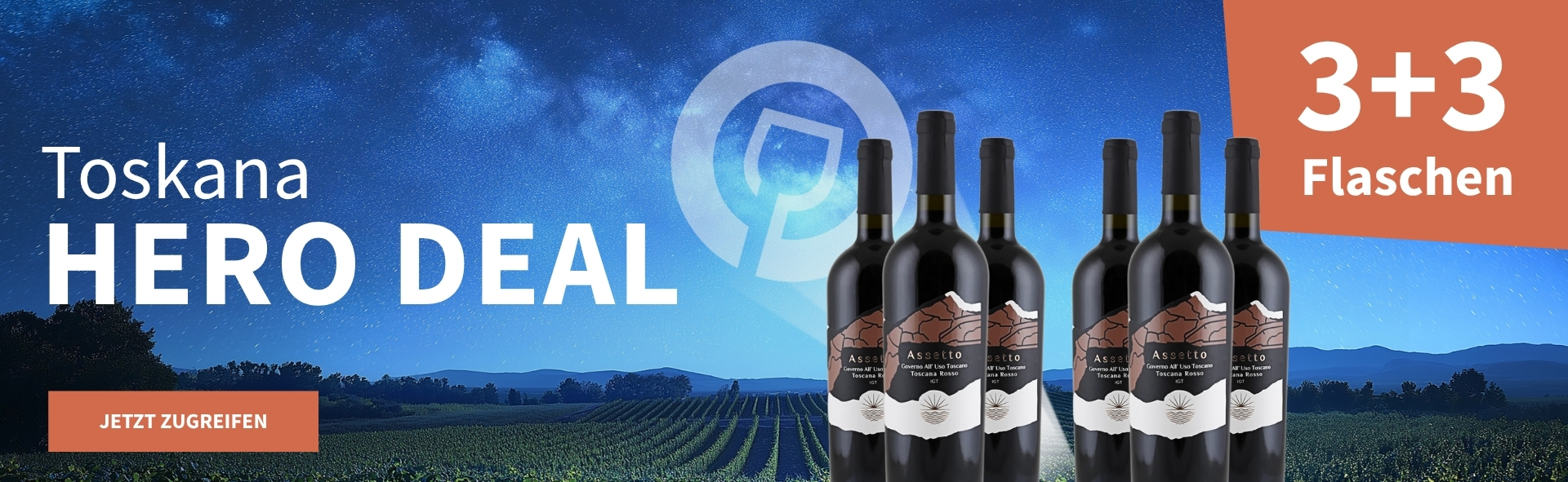Meravino Weinaktion mit dem Slogan "Toskana Hero Deal". Nachthimmel mit Meravino-Logo und Weinreben im Hintergrund. Hinweis auf "3+3 Flaschen". Unten Button "Jetzt zugreifen". Rechts 6 Flaschen.