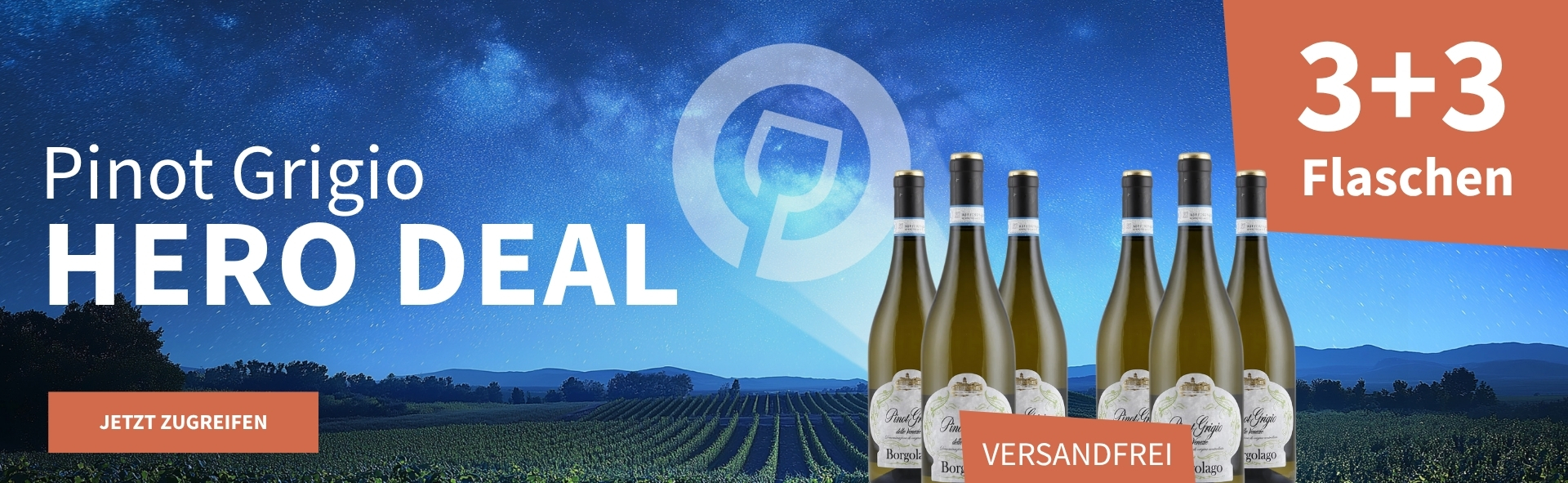 Meravino Weinaktion mit dem Slogan "Pinot Grigio Hero Deal". Nachthimmel mit Meravino-Logo und Weinreben im Hintergrund. Hinweis auf "3+3 Flaschen". Hinweis auf "Versandfrei". Unten Button "Jetzt zugreifen". Rechts 6 Flaschen.