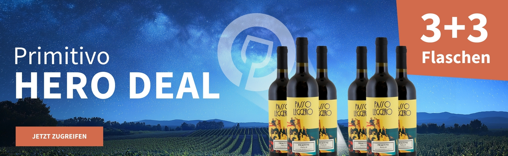 Meravino Weinaktion mit dem Slogan "Primitivo Hero Deal". Nachthimmel mit Meravino-Logo und Weinreben im Hintergrund. Hinweis auf "3+3 Flaschen". Unten Button "Jetzt zugreifen". Rechts 6 Flaschen.