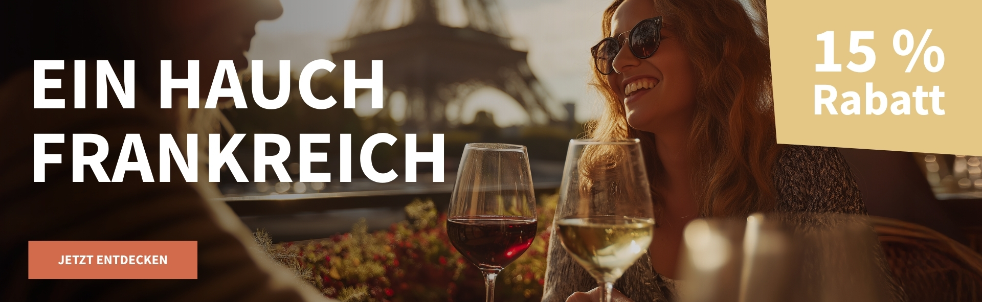 Meravino Weinaktion mit dem Slogan "Ein Hauch Frankreich". Im Hintergrund der Eiffelturm, im Vordergrund zwei Frauen, die an einem Tisch sitzen, auf dem zwei Weingläser stehen. Hinweis auf "15 % Rabatt". Unten Button "Jetzt entdecken".