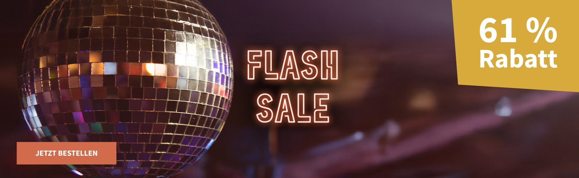 Meravino Weinaktion mit dem Slogan "Flash Sale". Vorne im Bild eine große Discokugel, im Hintergrund die Tanzfläche eines Clubs. Hinweis auf "61 % Rabatt". Unten Button "Jetzt bestellen".