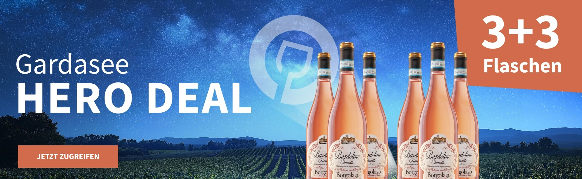 Meravino Weinaktion mit dem Slogan "Gardasee Hero Deal". Nachthimmel mit Meravino-Logo und Weinreben im Hintergrund. Hinweis auf "3+3 Flaschen". Unten Button "Jetzt zugreifen". Rechts 6 Flaschen Borgolago Bardolino Chiaretto Rosato.