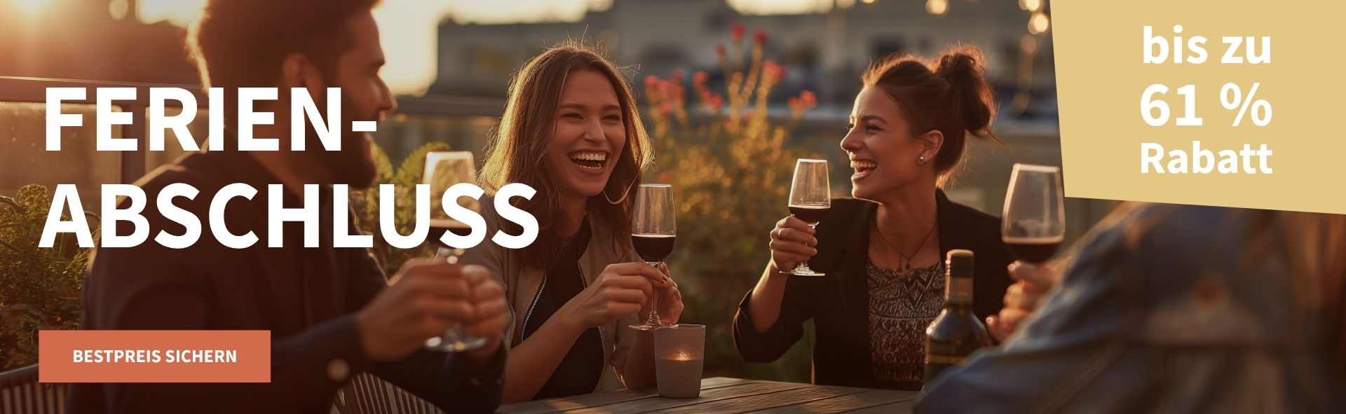 Meravino Weinaktion mit dem Slogan "Ferienabschluss". Im Hintergrund Menschen, die zusammensitzen und Wein trinken. Hinweis auf "bis zu 61 % Rabatt". Unten Button "Bestpreis sichern".