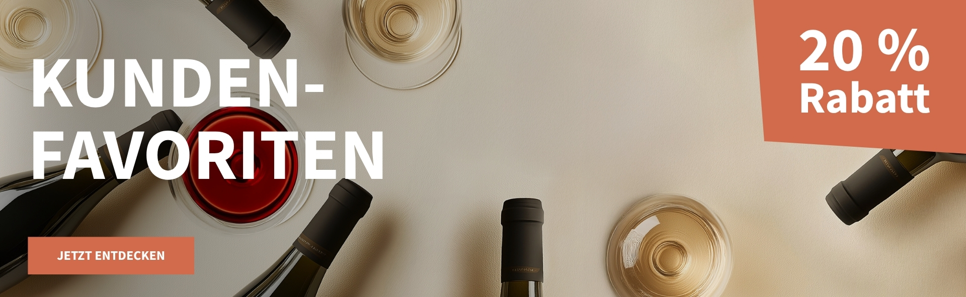 Meravino Weinaktion mit dem Slogan "Kundenfavoriten". Beigefarbener Hintergrund, davor Weinflaschen und Weingläser gefüllt mit Rot- und Weißwein. Hinweis auf "20 % Rabatt". Unten Button "Jetzt entdecken".