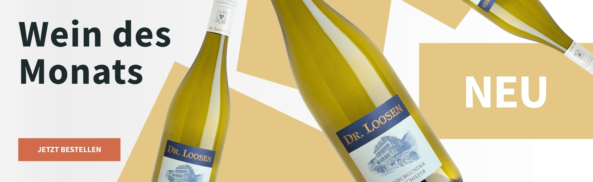 Meravino Weinaktion mit dem Slogan "Wein des Monats". Weiß-beige gemusterter Hintergrund, darauf drei Flaschen vom Wein des Monats Dr. Loosen Weißburgunder vom Schiefer 2025. Hinweis auf "Neu". Unten Button "Jetzt bestellen".
