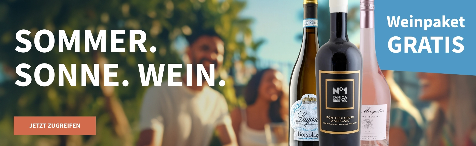 Meravino Weinaktion mit dem Slogan "Sommer. Sonne. Wein". Im Hintergrund leicht verschwommene Menschen, die unter blauem Himmel in einem Park sitzen. Hinweis auf "Weinpaket Gratis". Unten Button "Jetzt zugreifen". Rechts drei Flaschen.