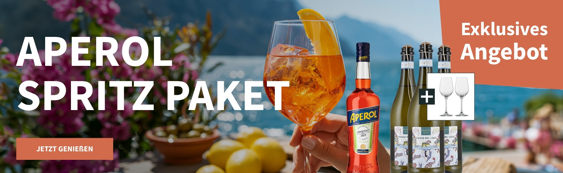 Meravino Weinaktion mit dem Slogan "Aperol Spritz Paket". Im Hintergund ein See, davor ein Glas mit Aperol Spritz. Hinweis auf "exklusives Angebot". Unten Button "Jetzt genießen". Rechts eine Flasche Aperol, drei Flaschen Prosecco und zwei Weingläser.
