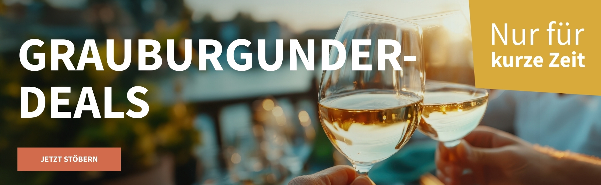 Meravino Weinaktion mit dem Slogan "Grauburgunder-Deals". Im Hintergrund ein verschwommener Abendhimmel mit Skyline, davor zwei Weingläser gefüllt mit Weißwein, mit denen angestoßen wird. Hinweis auf "Nur für kurze Zeit". Unten Button "Jetzt stöbern".