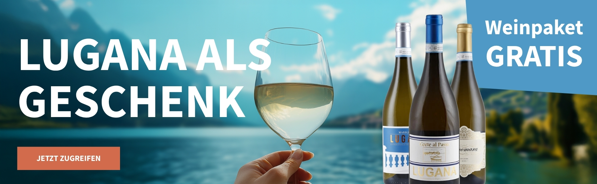 Meravino Weinaktion mit dem Slogan "Lugana als Geschenk". Im Hintergrund ein See, Berge und blauer Himmel, im Vordergrund ein Glas Weißwein. Hinweis auf "Weinpaket gratis". Unten Button "Jetzt zugreifen". Rechts drei Flaschen Lugana.