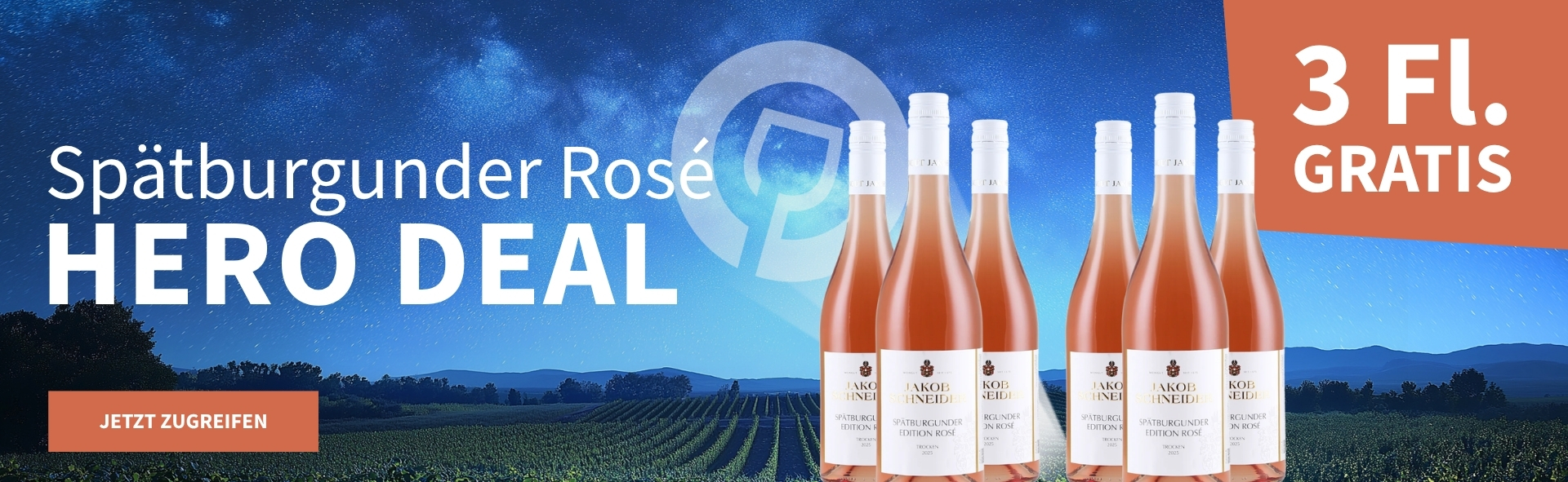 Meravino Weinaktion mit dem Slogan "Spätburgunder Rosé Hero Deal". Nachthimmel mit Meravino-Logo und Weinreben im Hintergrund. Hinweis auf "3 Fl. gratis". Unten Button "Jetzt zugreifen". Rechts 6 Flaschen Jakob Schneider Spätburgunder Rosé Edition trocken