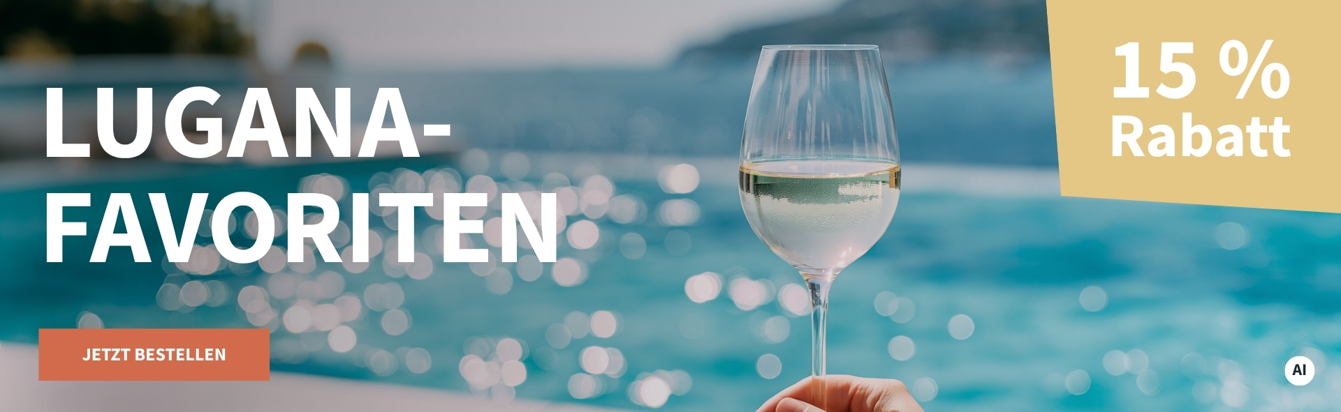 Meravino Weinaktion mit dem Slogan "Lugana-Favoriten". Im Hintergrund ein Glas Weißwein vor einem Infinity-Swimmingpool. Hinweis auf "15 % Rabatt". Unten Button "Jetzt bestellen". | KI-generiert
