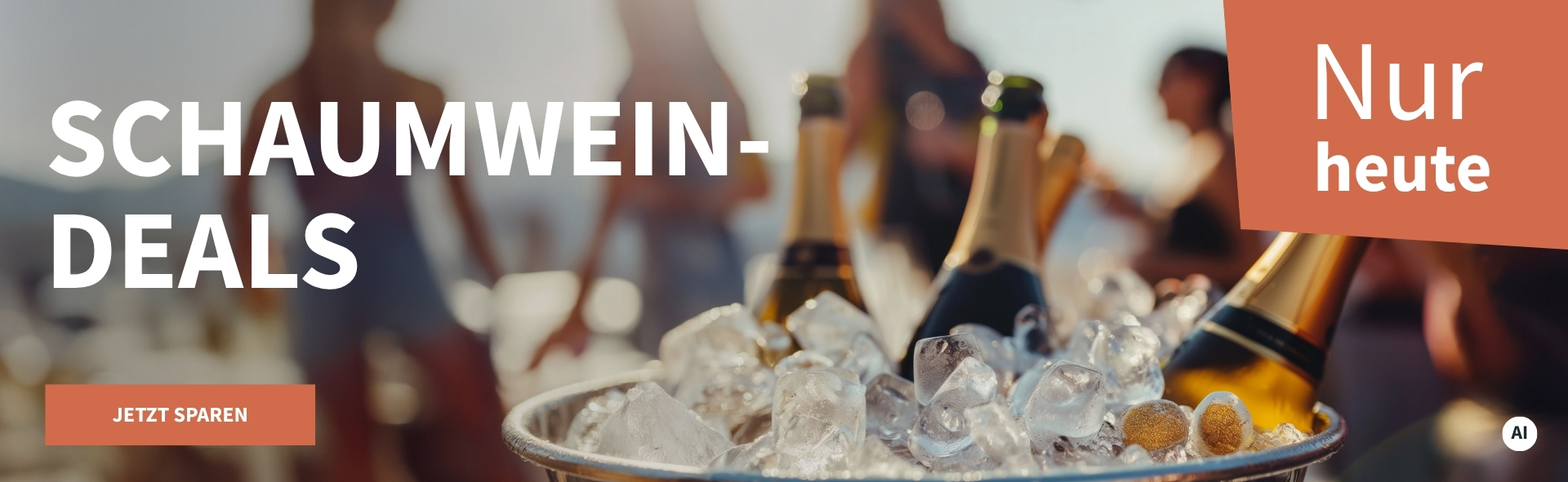 Meravino Weinaktion mit dem Slogan "Schaumwein-Deals". Im Hintergrund Umrisse von Menschen, im Vordergrund mehrere Flaschen Schaumwein in einem mit Eiswürfeln gefüllten Weinkühler. Hinweis auf "Nur heute". Unten Button "Jetzt sparen". | KI-generiert