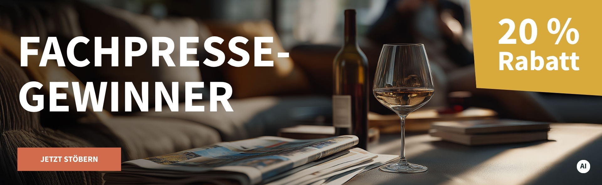 Meravino Weinaktion mit dem Slogan "Fachpresse-Gewinner". Im Hintergrund ein Wohnzimmertisch, auf dem Zeitungen liegen, daneben eine Flasche Wein und ein Weinglas. Hinweis auf "20 % Rabatt". Unten Button "Jetzt stöbern". | KI-generiert