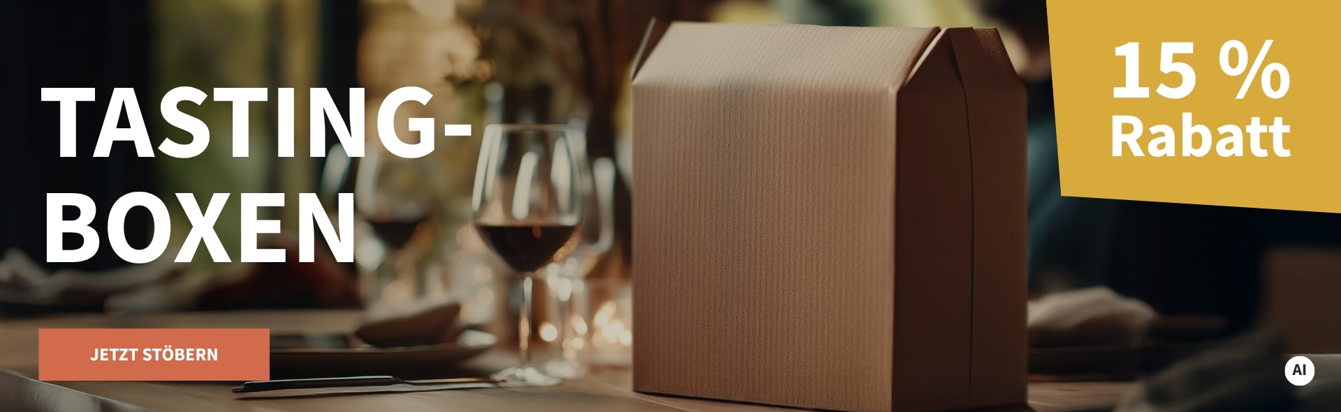 Meravino Weinaktion mit dem Slogan "Tastingboxen". Im Hintergrund ein gedeckter Tisch, auf dem ein kleines Paket steht. Hinweis auf "15 % Rabatt". Unten Button "Jetzt stöbern". | KI-generiert