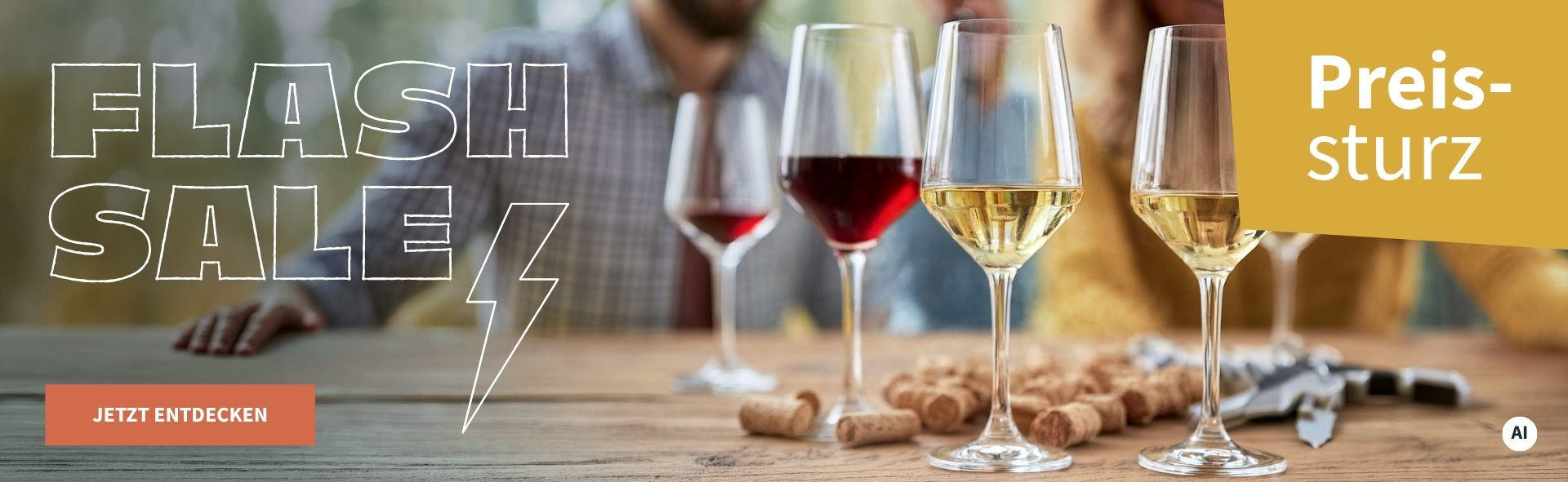 Meravino Weinaktion mit dem Slogan "Flash Sale". Im Hintergrund mehrere Gläser Wein und Korken auf einem Holztisch, an dem zwei Personen sitzen. Hinweis auf "Preissturz". Unten Button "Jetzt entdecken". | KI-generiert