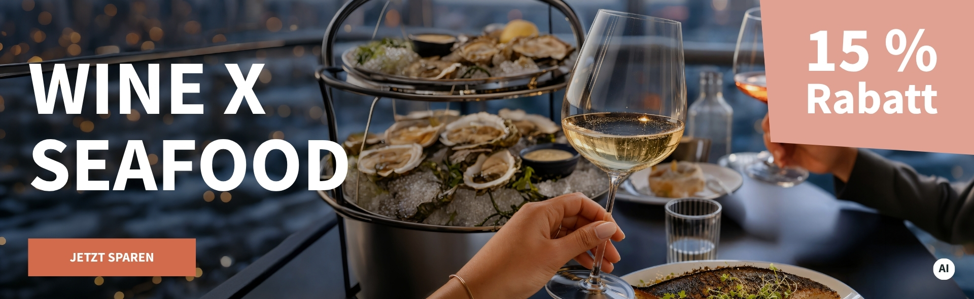 Meravino Weinaktion mit dem Slogan "Wine x Seafood". Im Hintergrund eine Etagere mit Muscheln auf einem gedeckten Tisch sowie zwei Gläser Wein. Hinweis auf "15 % Rabatt". Unten Button "Jetzt sparen". | KI-generiert