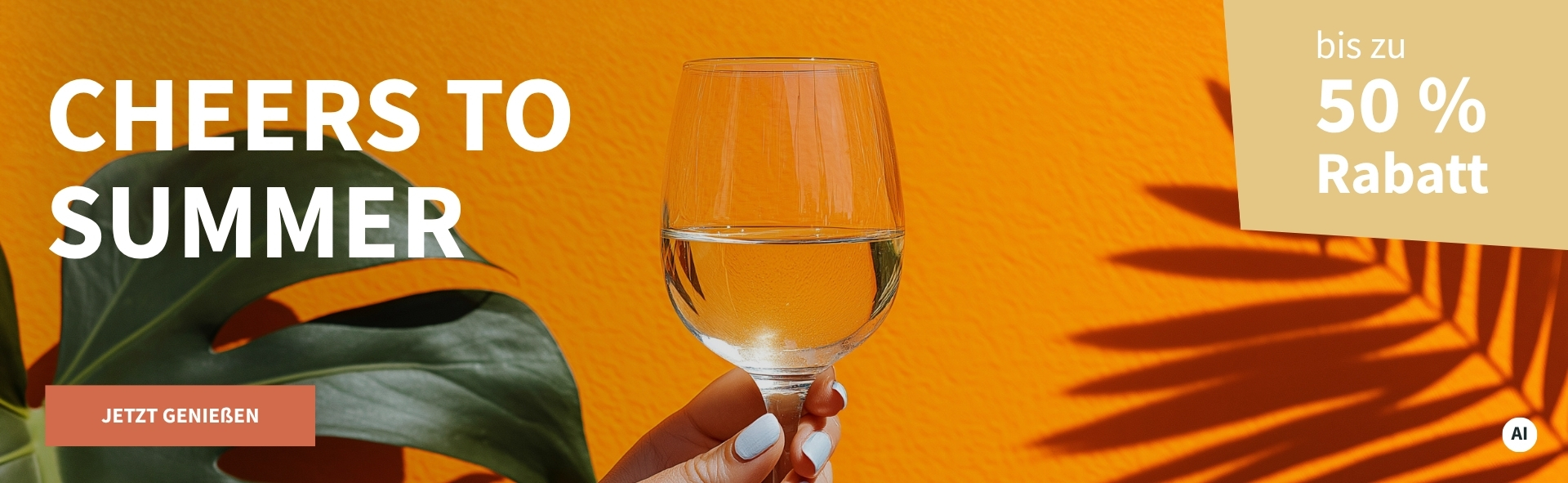Meravino Weinaktion mit dem Slogan "Cheers to Summer". Im Hintergrund eine orangefarbene Wand und eine Pflanze, in der Mitte ein Glas Weißwein. Hinweis auf "bis zu 50 % Rabatt". Unten Button "Jetzt genießen". | KI-generiert