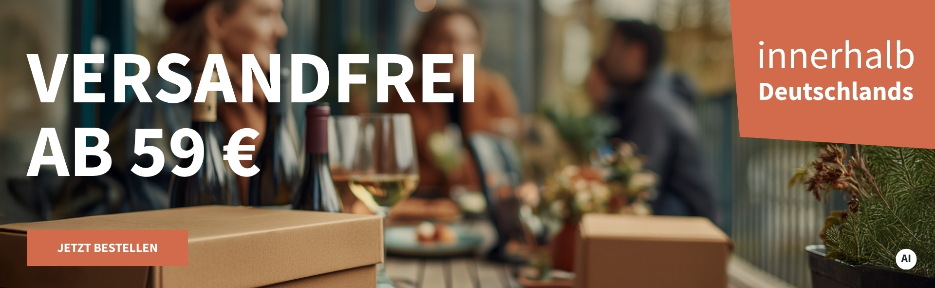 Meravino Weinaktion mit dem Slogan "Versandfrei ab 59 €". Im Hintergrund mehrere Personen, die an einem gedeckten Tisch mit Weinflaschen und -gläsern sitzen. Hinweis auf "innerhalb Deutschlands". Unten Button "Jetzt bestellen". | KI-generiert