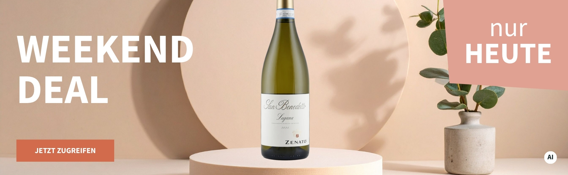 Meravino Weinaktion mit dem Slogan "Weekend Deal". Beigefarbener Hintergrund, davor eine Flasche Zenato Lugana San Benedetto 2025 auf einem kleinen Podest, daneben eine Pflanze. Hinweis auf "Nur heute". Unten Button "Jetzt zugreifen". | KI-generiert