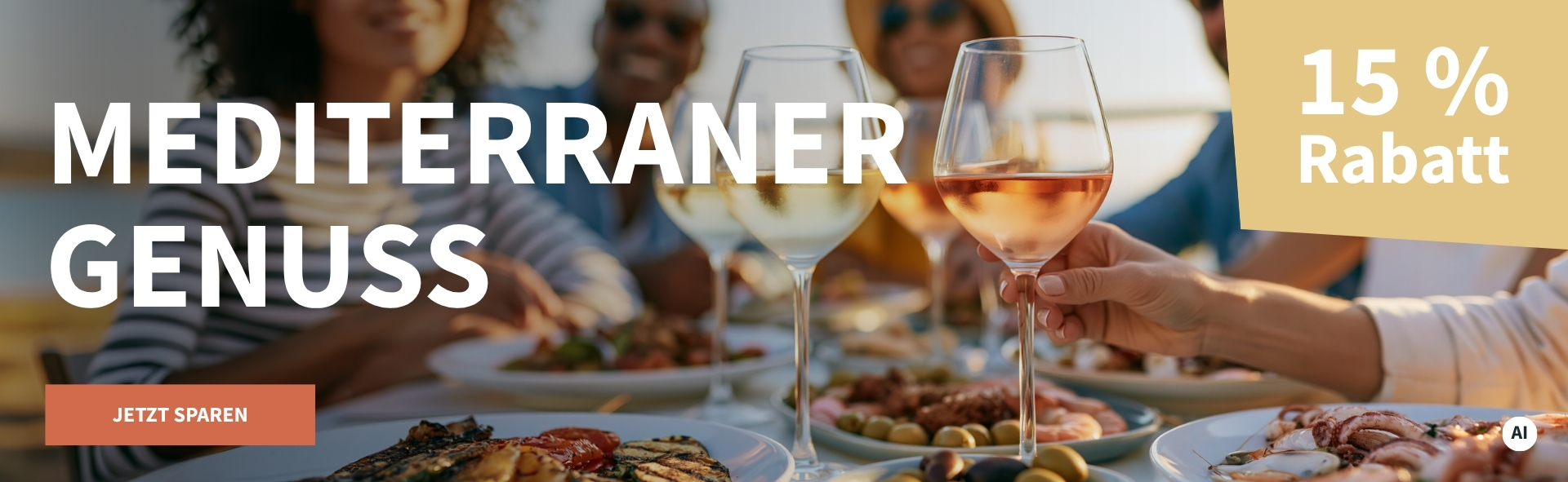 Meravino Weinaktion mit dem Slogan "Mediterraner Genuss". Im Hintergrund Menschen, die an einem gedeckten Tisch sitzen, auf dem Antipasti und Weingläser stehen. Hinweis auf "15 % Rabatt". Unten Button "Jetzt sparen". | KI-generiert