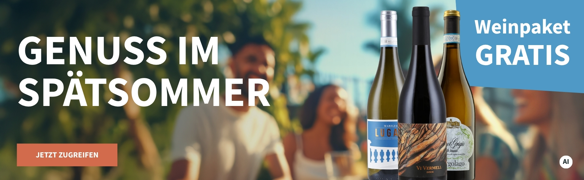 Meravino Weinaktion mit dem Slogan "Genuss im Spätsommer". Im Hintergrund leicht verschwommene Menschen, die unter blauem Himmel in einem Park sitzen. Hinweis auf "Weinpaket Gratis". Unten Button "Jetzt zugreifen". Rechts drei Flaschen. | KI-generiert