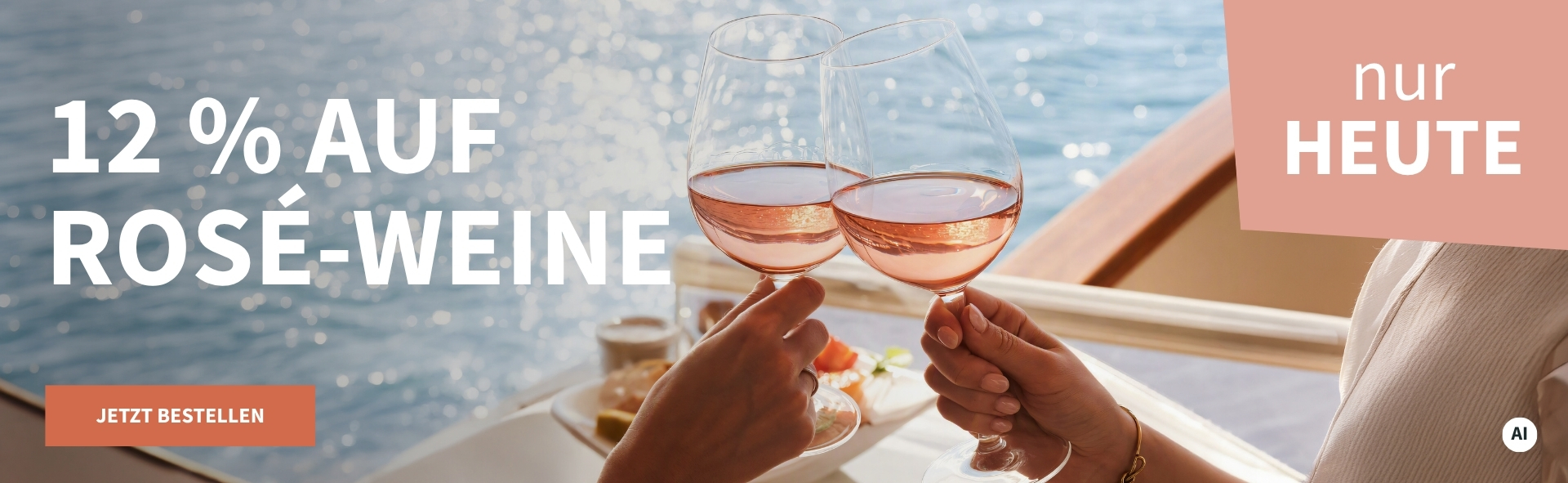 Meravino Weinaktion mit dem Slogan "12 % auf Rosé-Weine". Im Hintergrund zwei Gläser mit Roséwein, mit denen angestoßen wird, dahinter das Meer. Hinweis auf "nur heute". Unten Button "Jetzt bestellen". | KI-generiert