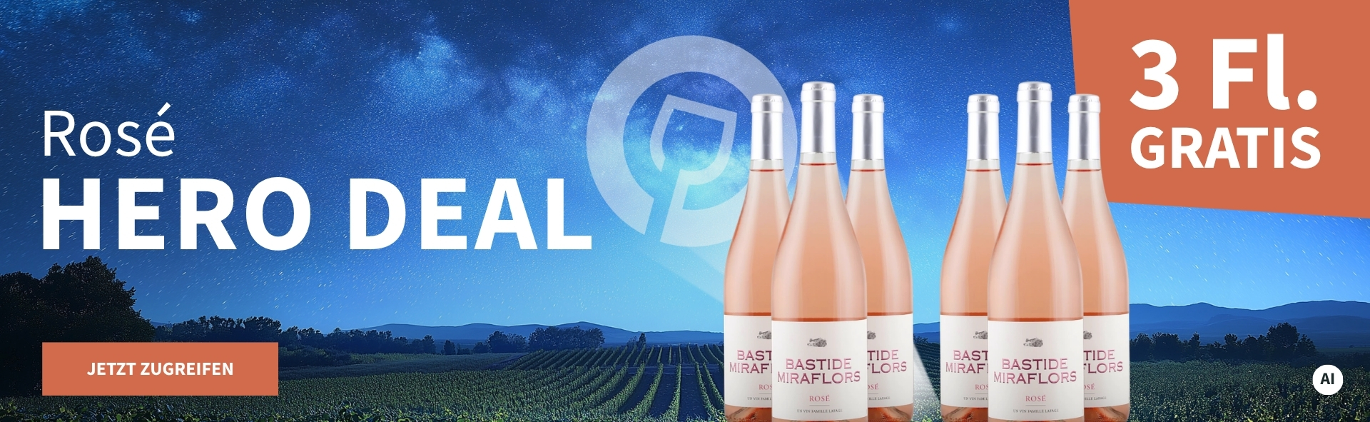 Meravino Weinaktion mit dem Slogan "Rosé Hero Deal". Nachthimmel mit Meravino-Logo und Weinreben im Hintergrund. Hinweis auf "3 Fl. gratis". Unten Button "Jetzt zugreifen". Rechts 6 Flaschen Domaine Lafage Bastide Miraflors Rosé 2025. | KI-generiert