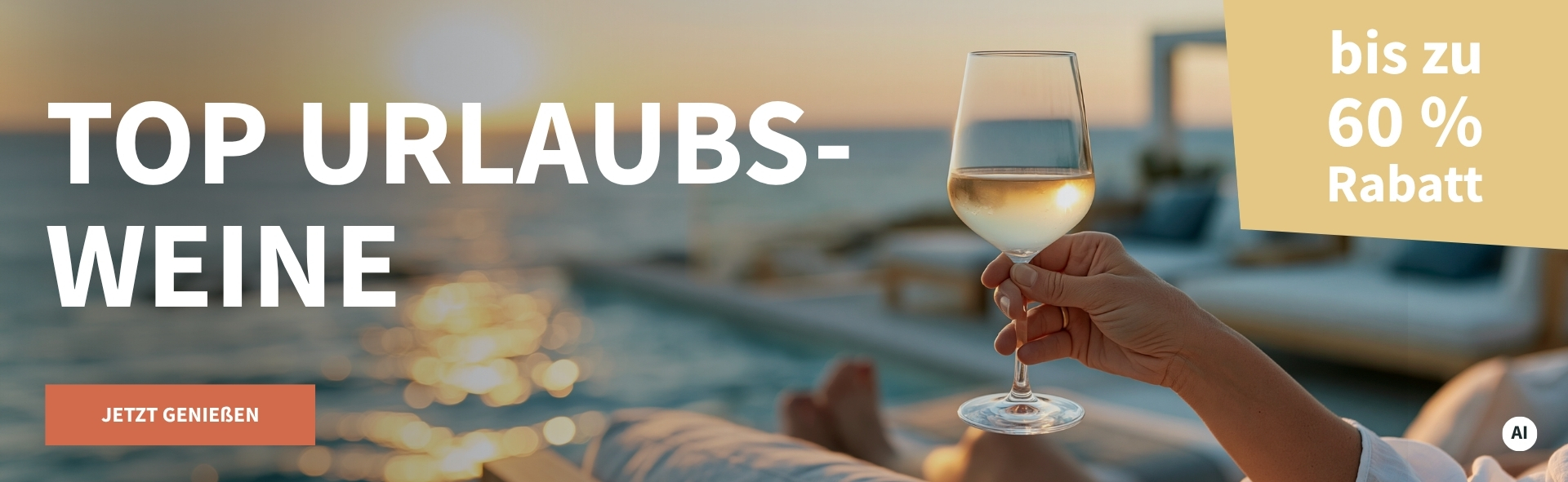 Meravino Weinaktion mit dem Slogan "Top Urlaubsweine". Im Hintergrund ein Infinity-Pool, davor ein Glas Weißwein, das in einer Hand gehalten wird. Hinweis auf "bis zu 60 % Rabatt". Unten Button "Jetzt genießen". | KI-generiert